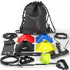 Tennis practice gear including cones, resistance bands, and a jump rope arranged around a black ADV bag.