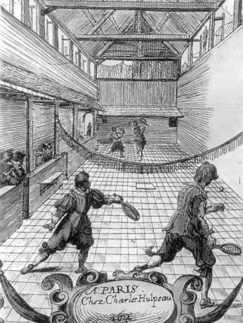 Jeu de paume photo from 1672 showing medieval game with 4 players indoors holding racket