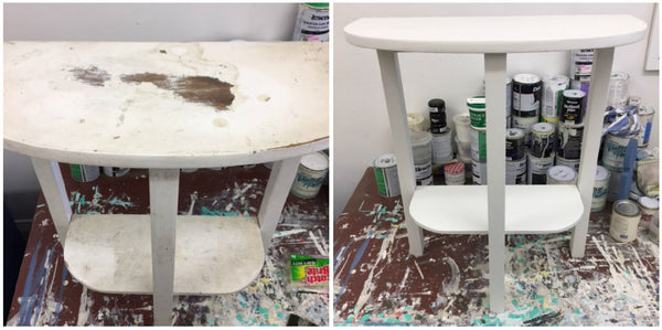 Painted white side table before and after