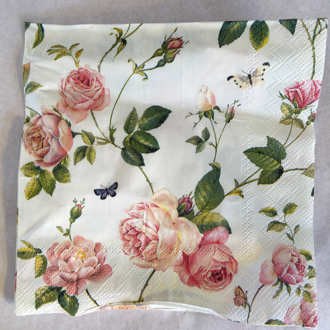 Decoupage Paper of Rambling Pink Roses on Blue Napkin