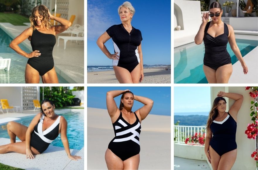 6 women wear different styles of Acapulco black and white one piece swimsuits