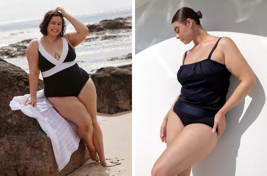 Two women wear different styles of black and white swimsuits