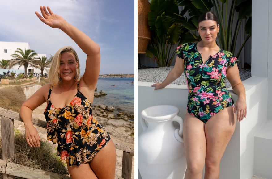 Woman with blonde hair wears Frenchy Black floral 3 tier ruffle tankini top. Woman with short brown hair wears Bora Bora floral print frill sleeve zip up one piece swimsuit