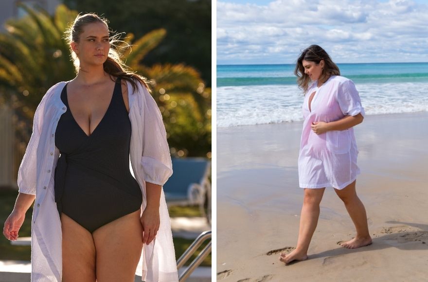 Two women wear white cotton beach cover ups over their swimsuits