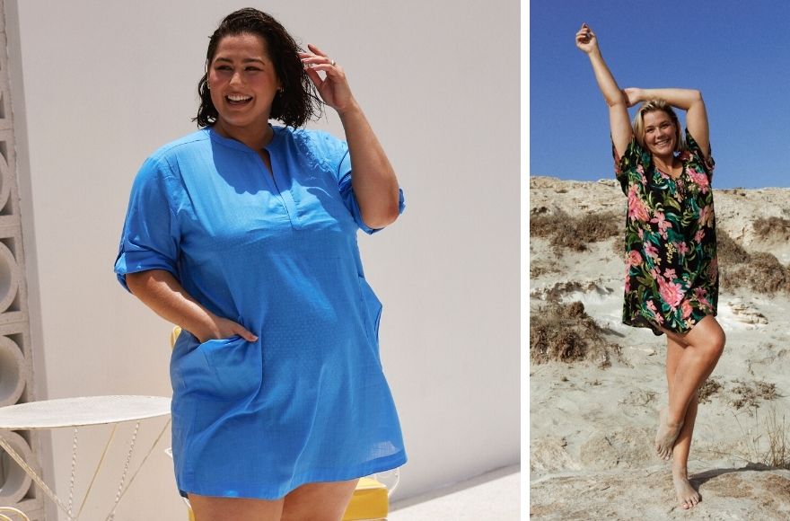 Two women pose in beach cover ups. One wears a plain blue cotton overshirt. The other wears a black and floral silk t-shirt dress