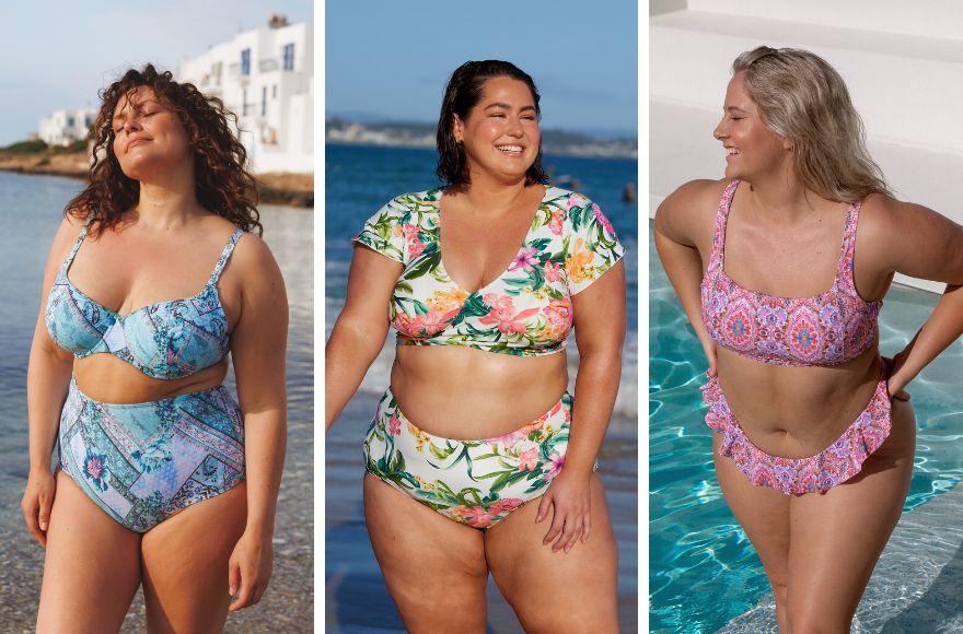 3 different women wear different styles of bikinis in bright summer colours and prints