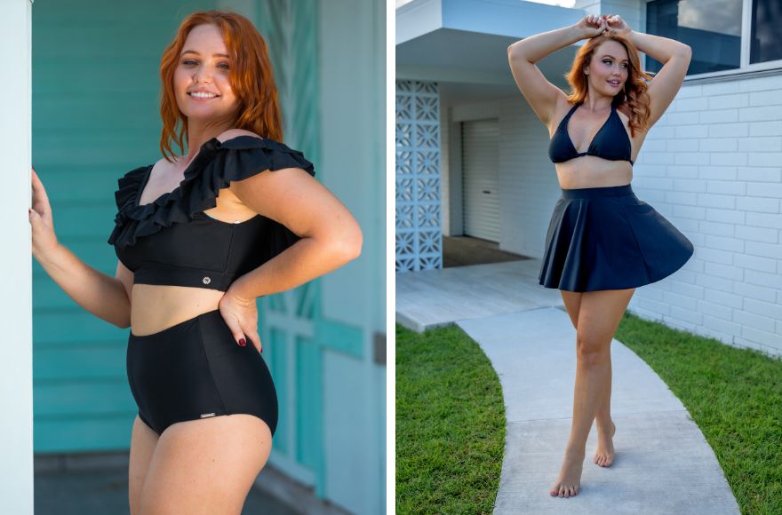 Woman with red hair wear black bikini top with frills and high waisted pants. Woman with red hair wears black triangle bikini top and a line swim skirt