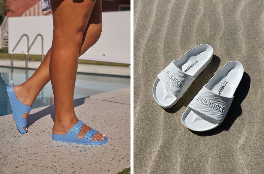 Close up of woman wearing blue Birkenstock EVA Arizona sandals in blue