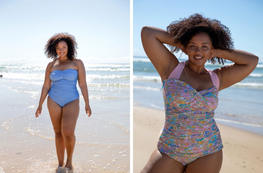 Woman with brown curly hair wears one piece swimwear at the beach