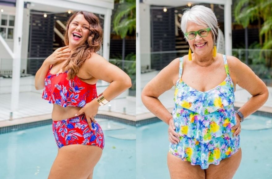 Women wear colourful swimwear by the pool