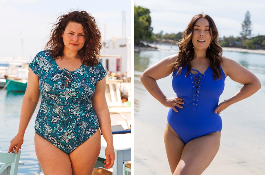 2 women wear breastfeeding friendly swimsuits with tie front necklines. 