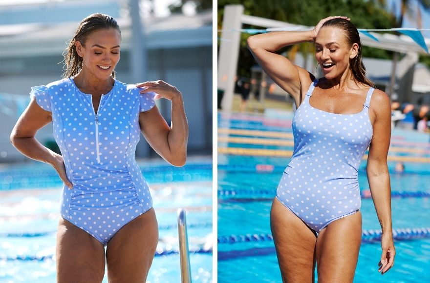 Woman wears two different styles of powder blue one piece swimsuits with white polkadots