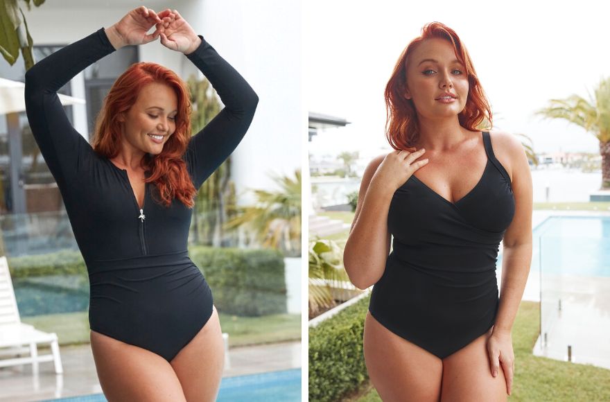 woman with red hair wears black long sleeve zip up one piece and black v neck one piece swimsuit