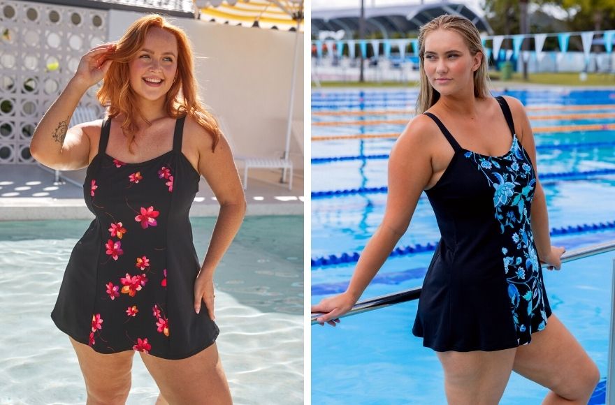 Woman with long red hair wears black swim dress with pink floral panel. Woman with long blonde hair wears black swim dress with turquoise floral panel 