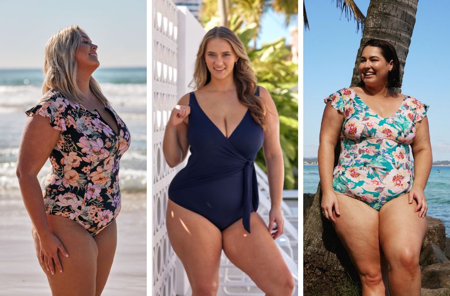 Three women pose by the beach wearing different styles of one piece swimsuits