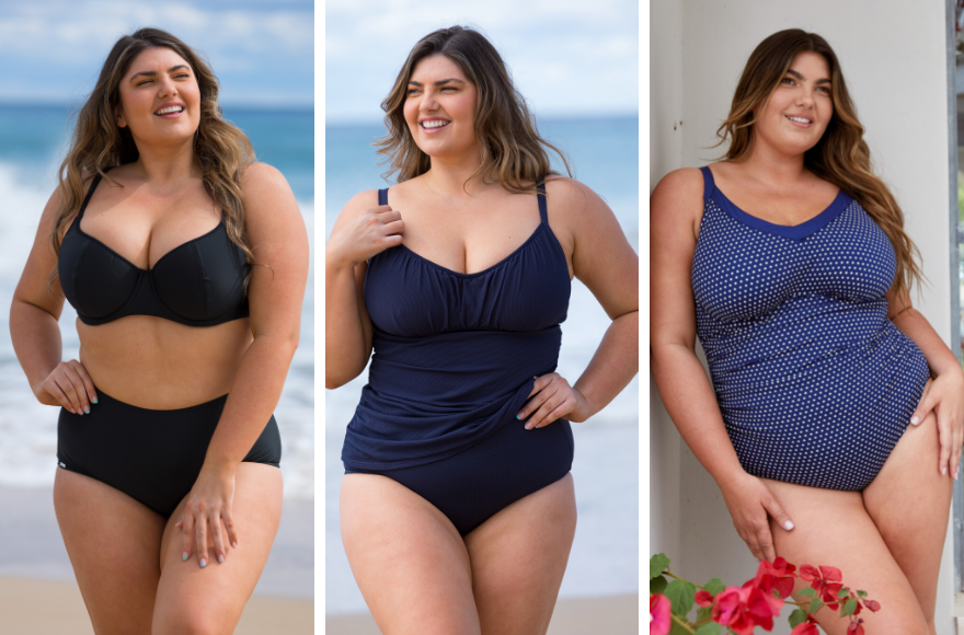 Brunette model wears 3 different underwire swimsuits - black bikini, navy tankini top and navy and white one piece