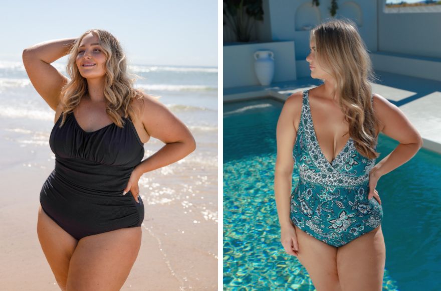 Image 1 - blonde woman poses on the beach wearing black Honey Comb underwire one piece swimsuit. Image 2 - woman poses by the pool 