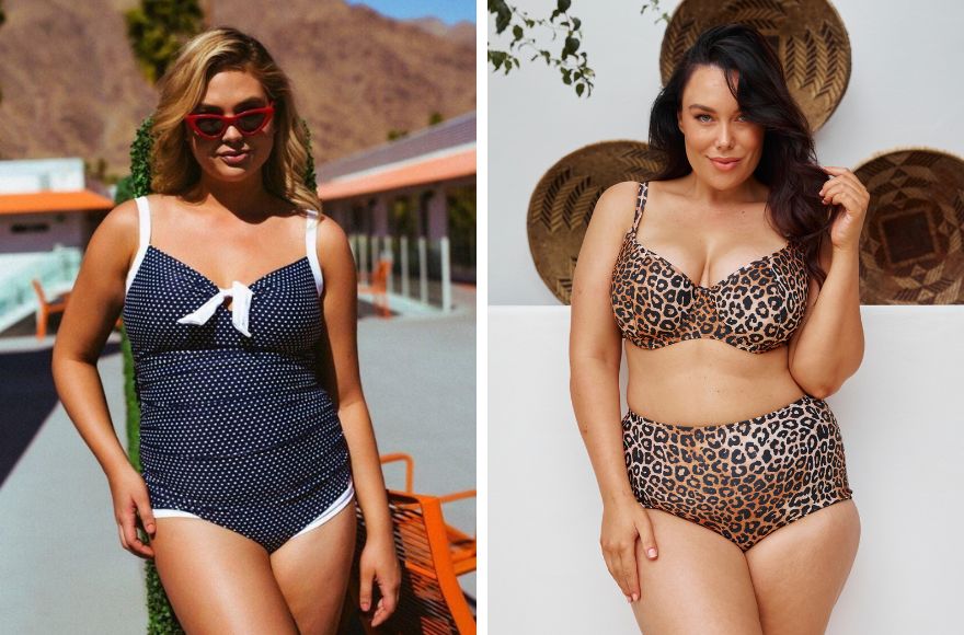 Woman with blonde hair wears navy and white dots boyleg one piece. Woman with long brown hair wears Leopard print underwire bikini top and high waisted pant