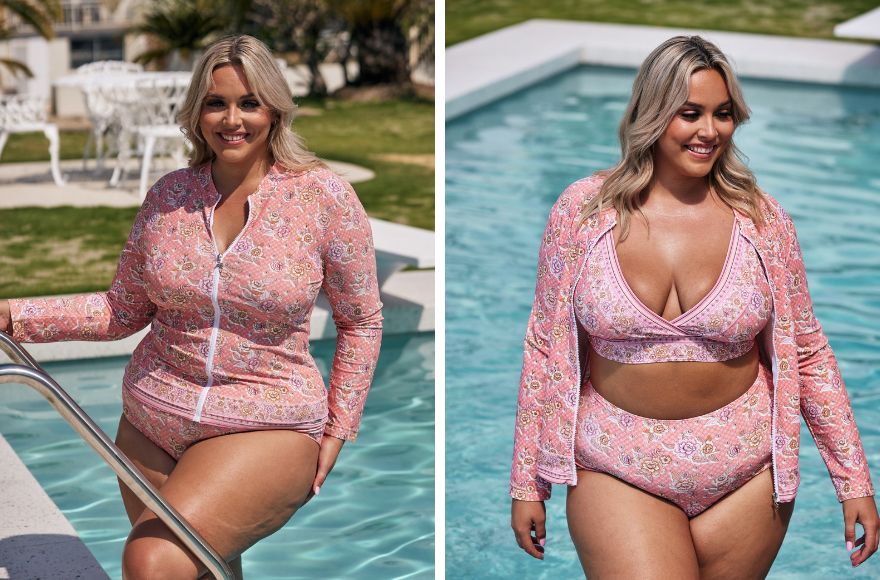 woman with blonde hair poses in the pool wearing pink floral long sleeve rash vest with matching bikini