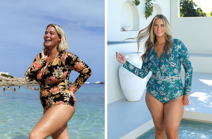 2 women wear long sleeve one piece swimsuits in different prints