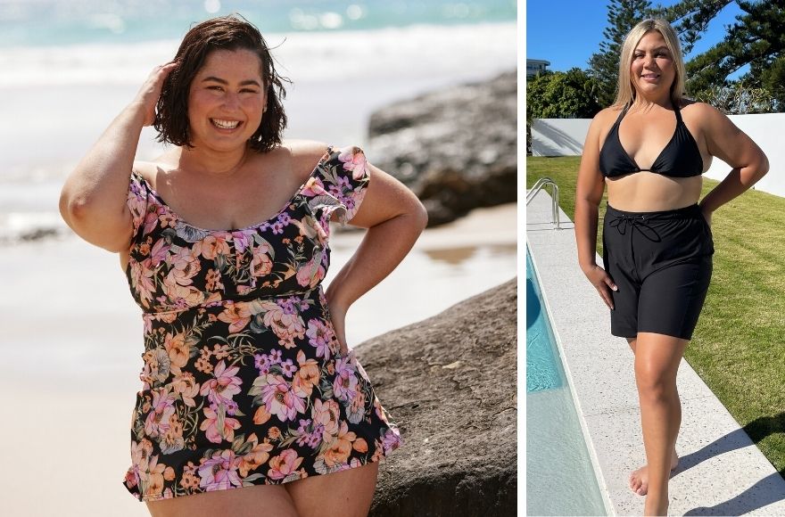 Woman with short brown hair wears black and floral swim dress. Woman with blonde hair wears black bikini top and black boardshorts