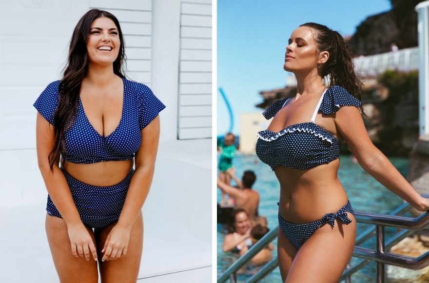 two women with long brown hair wear different styles of navy and white polka dot bikinis