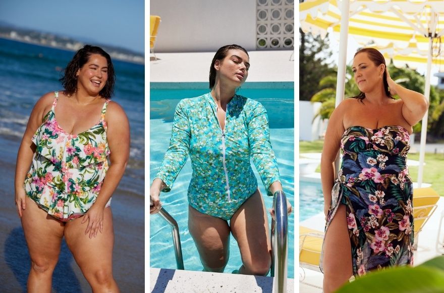 Three women wear different styles of bright coloured printed swimsuits. 