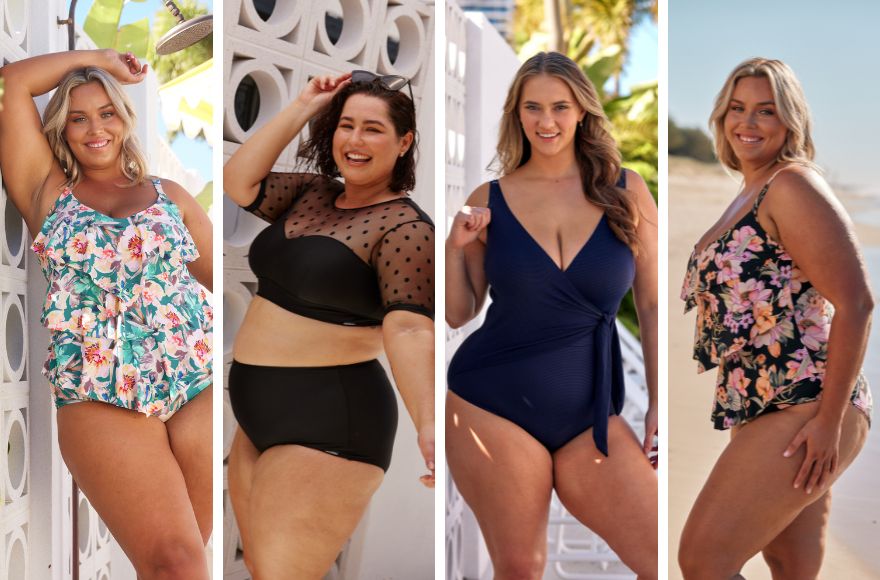 Four women wear different swimsuit styles