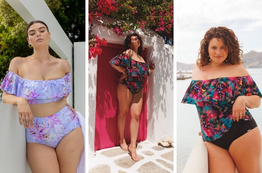 3 different women wear different styles of off the shoulder swimsuits for breastfeeding