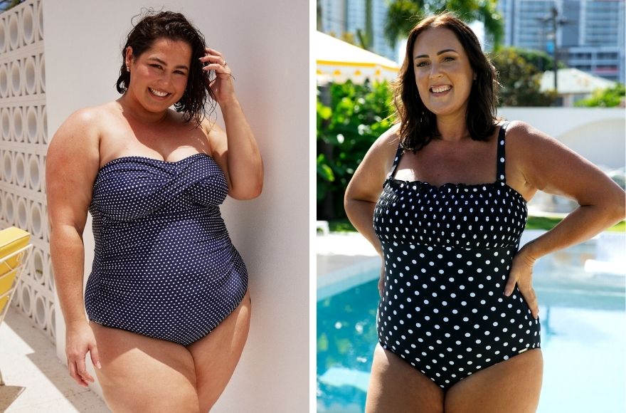 Woman with short brown hair wears navy and white dots twist front bandeau one piece. Woman with dark brown hair wears black and white polkadot shirred one piece