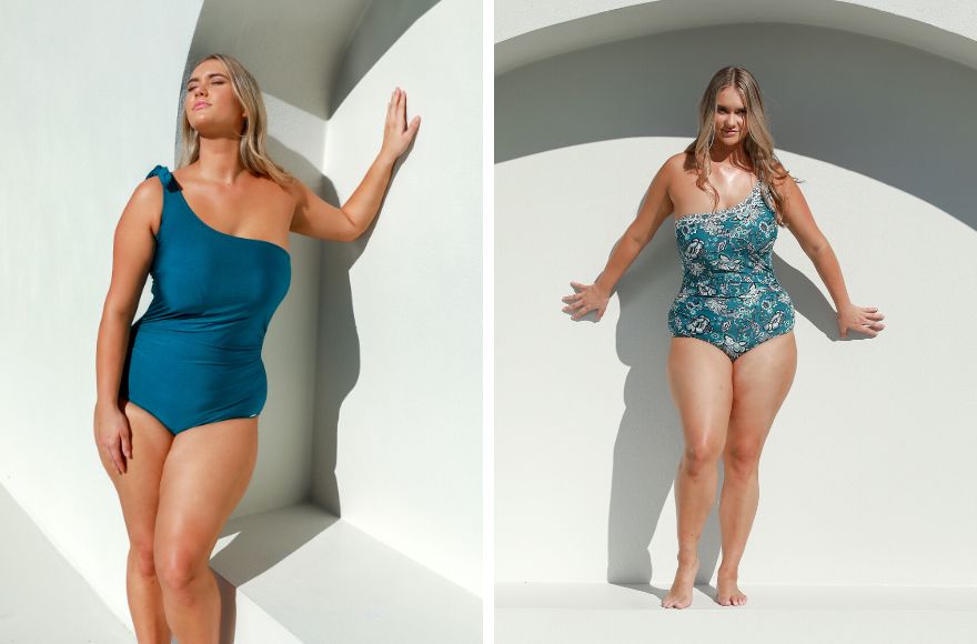 Woman with long blonde hair wears one shoulder one piece in 2 different colours