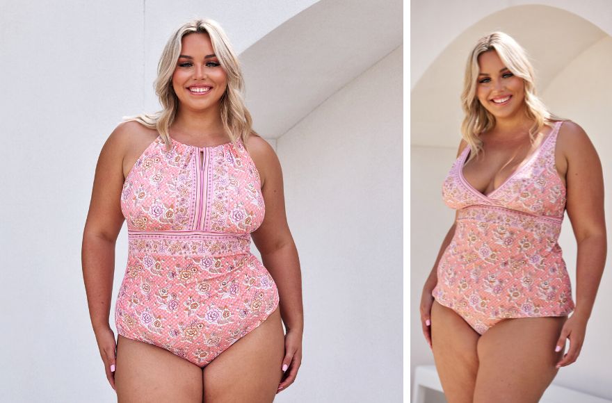Woman with blonde hair wears pink floral high neck one piece. Woman with blonde hair wears pink floral V neck tankini top and matching pants