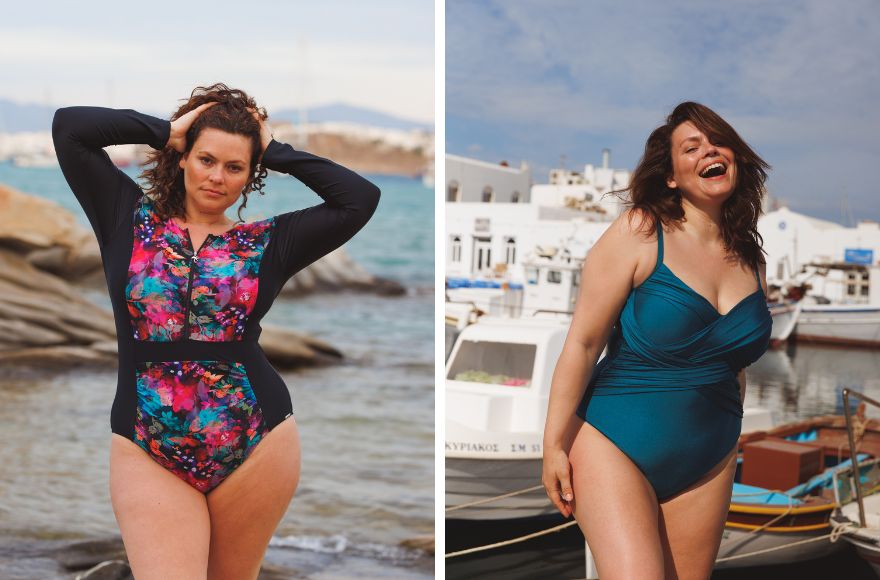 Image 1 - brunette woman wears panelled black and Midnight Garden long sleeve one piece swimsuit. Image 2 - brunette woman wears Metallic Deep Teal criss cross one piece swimsuit