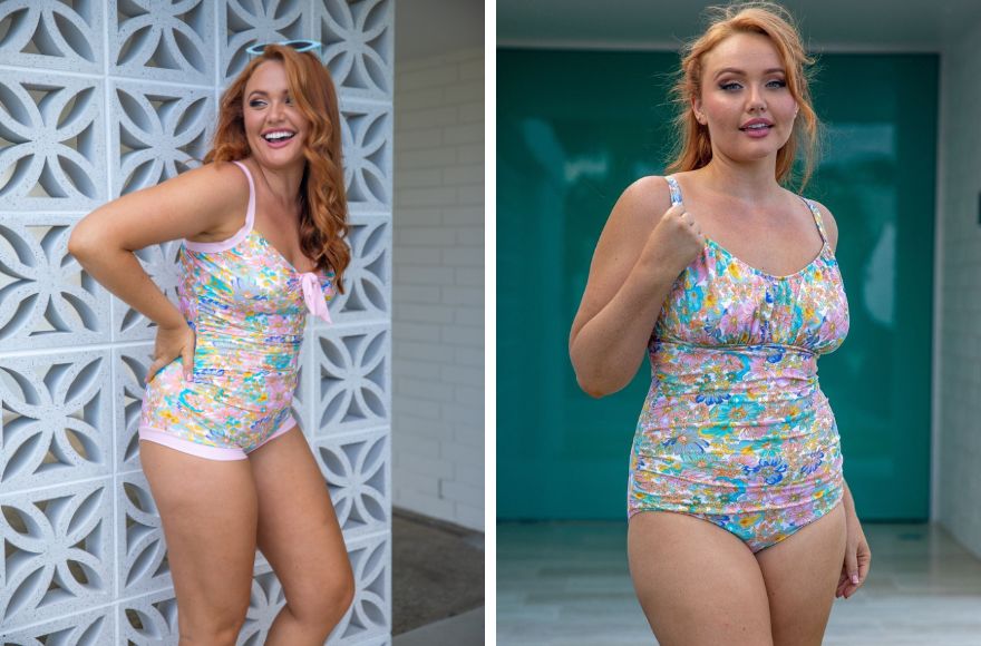 Woman with red hair wears pastel floral retro style one piece swimsuits