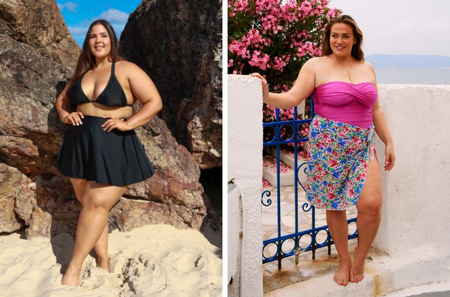 Woman with long brown hair wears black triangle bikini top and skater skirt. Woman with brown hair wears metallic hot pink strapless one piece with floral mesh sarong skirt