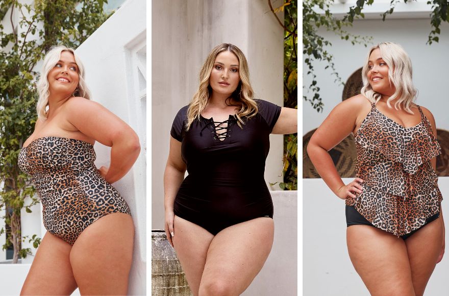 Shelf bra swimsuit styles to suit g cup bust sizes - leopard strapless one piece, black tie front short sleeve one piece, leopard ruffle tankini top