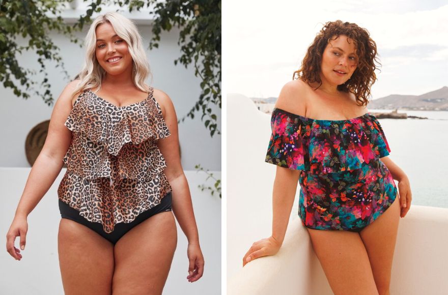 Woman with platinum blonde hair wears leopard print 3 tier tankini top with black pants. Woman with curly brown hair wears brightly coloured floral off the shoulder tankini top