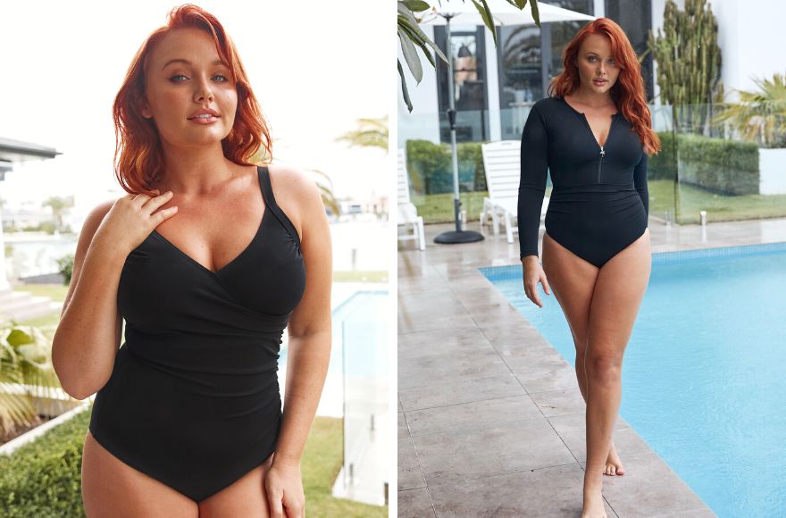 Woman with red hair wears different styles of black chlorine resistant athletic swimwear