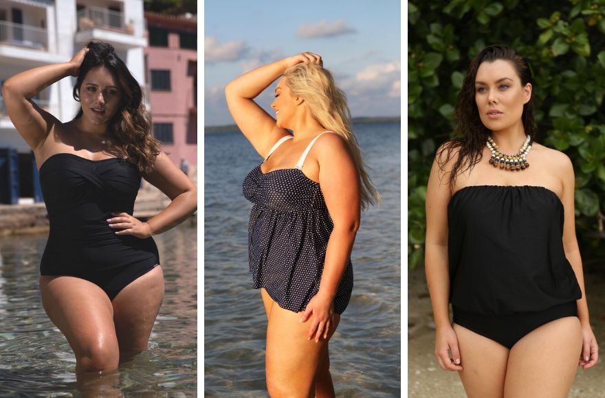 3 women wear different styles of strapless breastfeeding friendly swimsuits