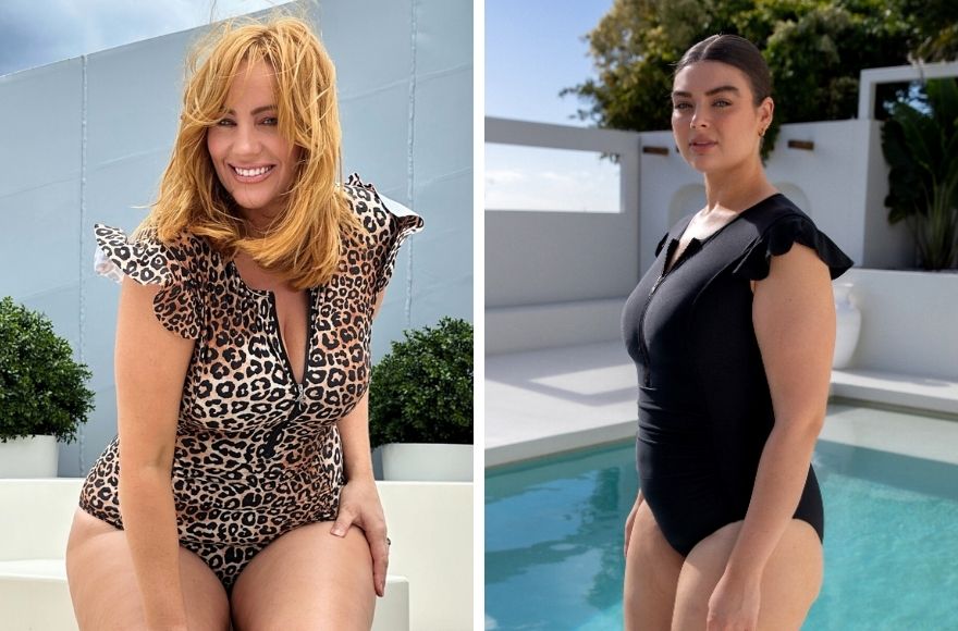 Woman with red hair wears leopard print one piece swimsuit. Woman with short brown hair wears black one piece swimsuit