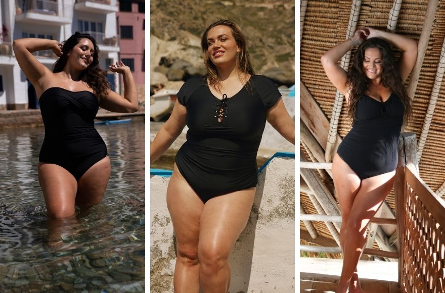 3 women wear different styles of black one piece swimsuits to suit long torsos