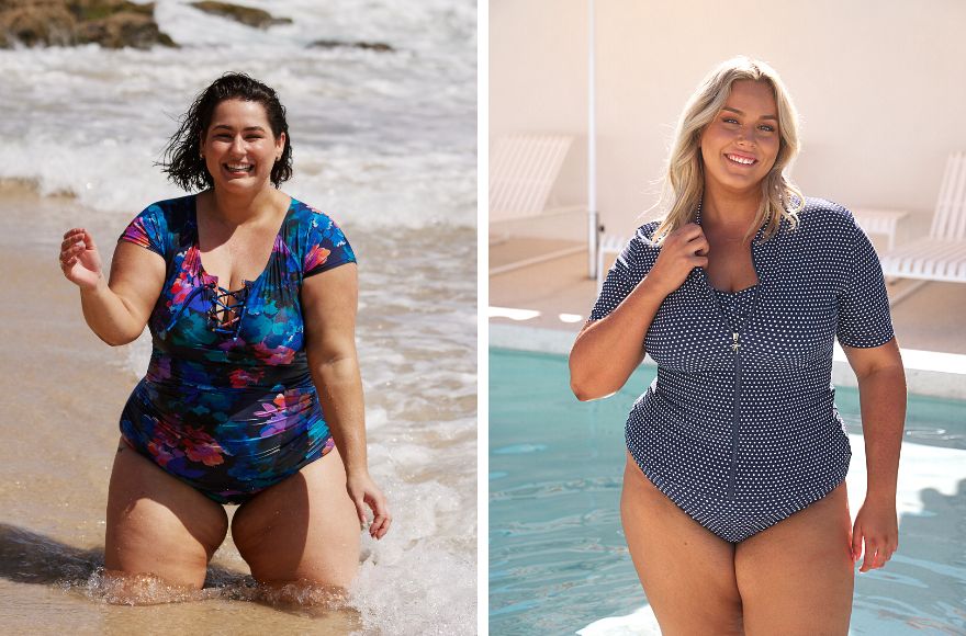 Two women wear swimsuits with short sleeves