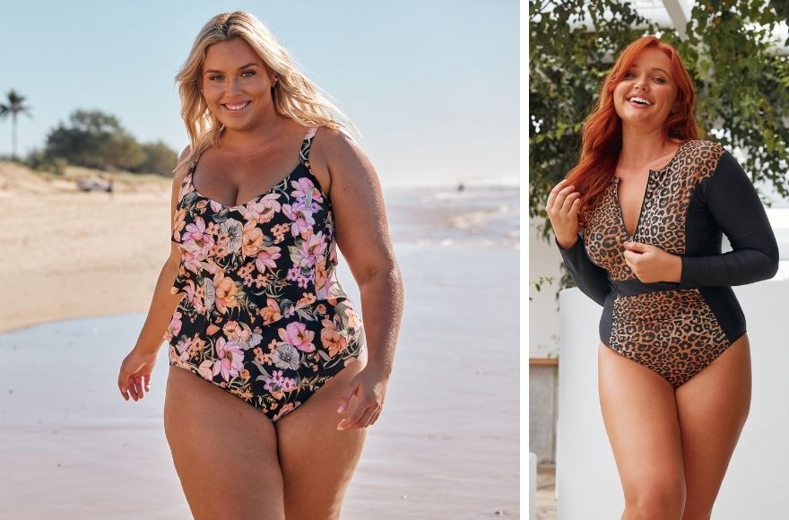 woman with blonde hair wears black and pink floral ruffle tankini top. Woman with long red hair wears leopard print long sleeve swimsuit