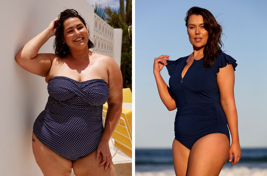 Woman with short brown hair wears strapless navy and white polkadot one piece swimsuit. Woman with long brown hair wears navy frill sleeve one piece with zip front