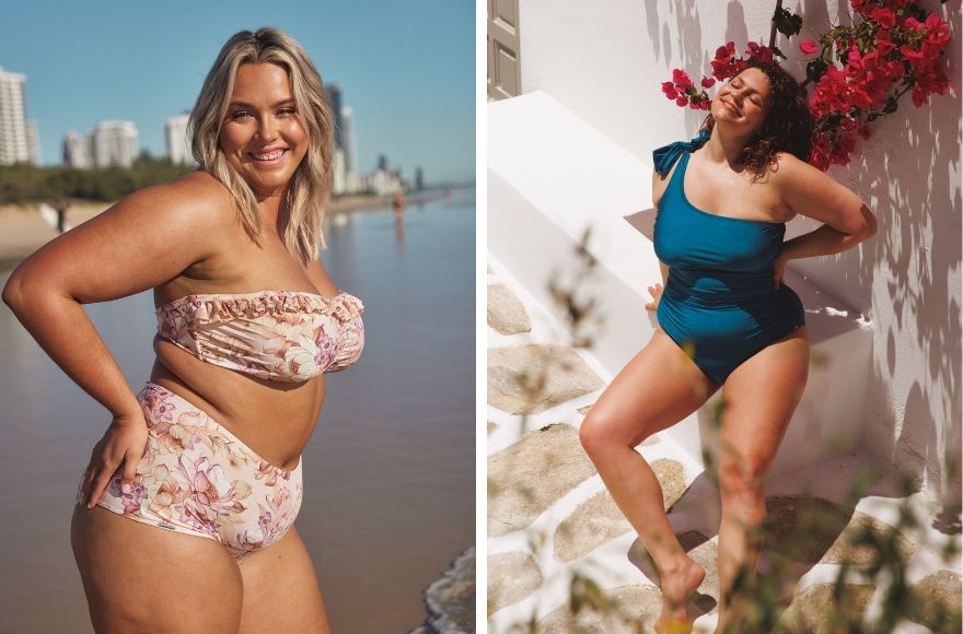 Woman with blonde hair wears pale pink floral strapless bikini on the beach. Woman with dark brown hair wears metallic deep teal one shoulder one piece. 