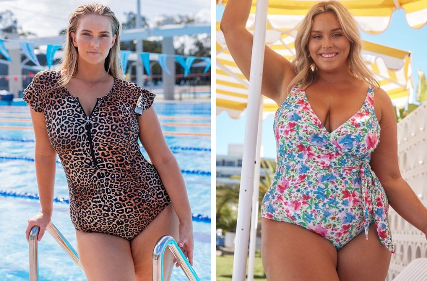 Two women pose by the pool wearing different styles of one piece swimwear