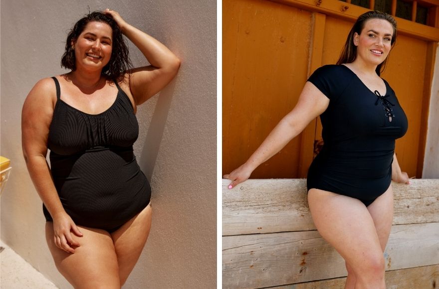 Woman with short brown hair wears black underwire one piece swimsuit. Woman with brown hair wears black short sleeve one piece swimsuit