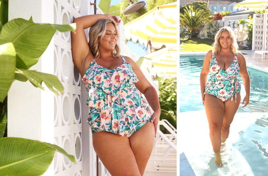 Woman with blonde hair wears tropical floral print swimwear