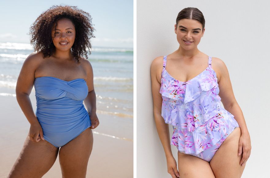 Brunette woman poses on the beach wearing Metallic blue strapless one piece swimsuit. Brunette woman wears lilac tropical print 3 tier ruffle one piece swimsuit