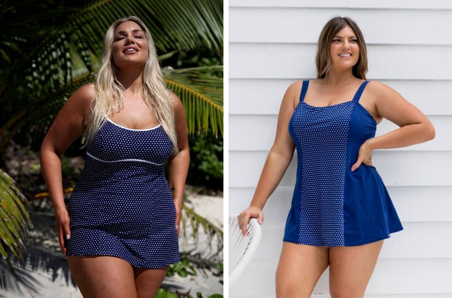 Woman with long blonde hair wears navy and white polkadot underwire swim dress. Woman with long brown hair wears navy and white dots wide strap swim dress. 